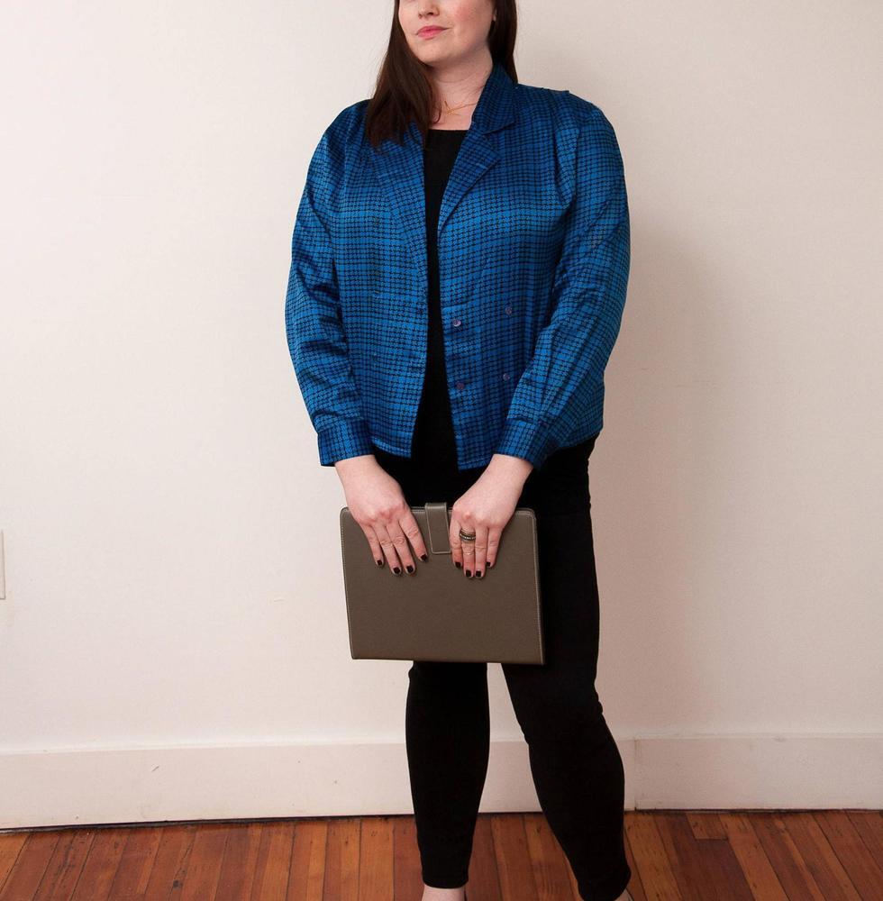 Vintage Oscar de la Renta Blazer, 80s Blue and Black Patterned Jacket, Size L/XL